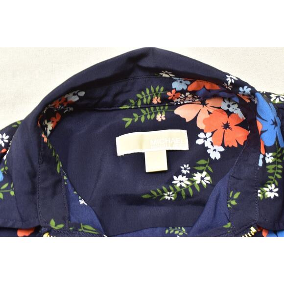 Michael Kors Women's Blue Floral Long Sleeve Full Zip Blouse Regular Size L Poly - Picture 5 of 8
